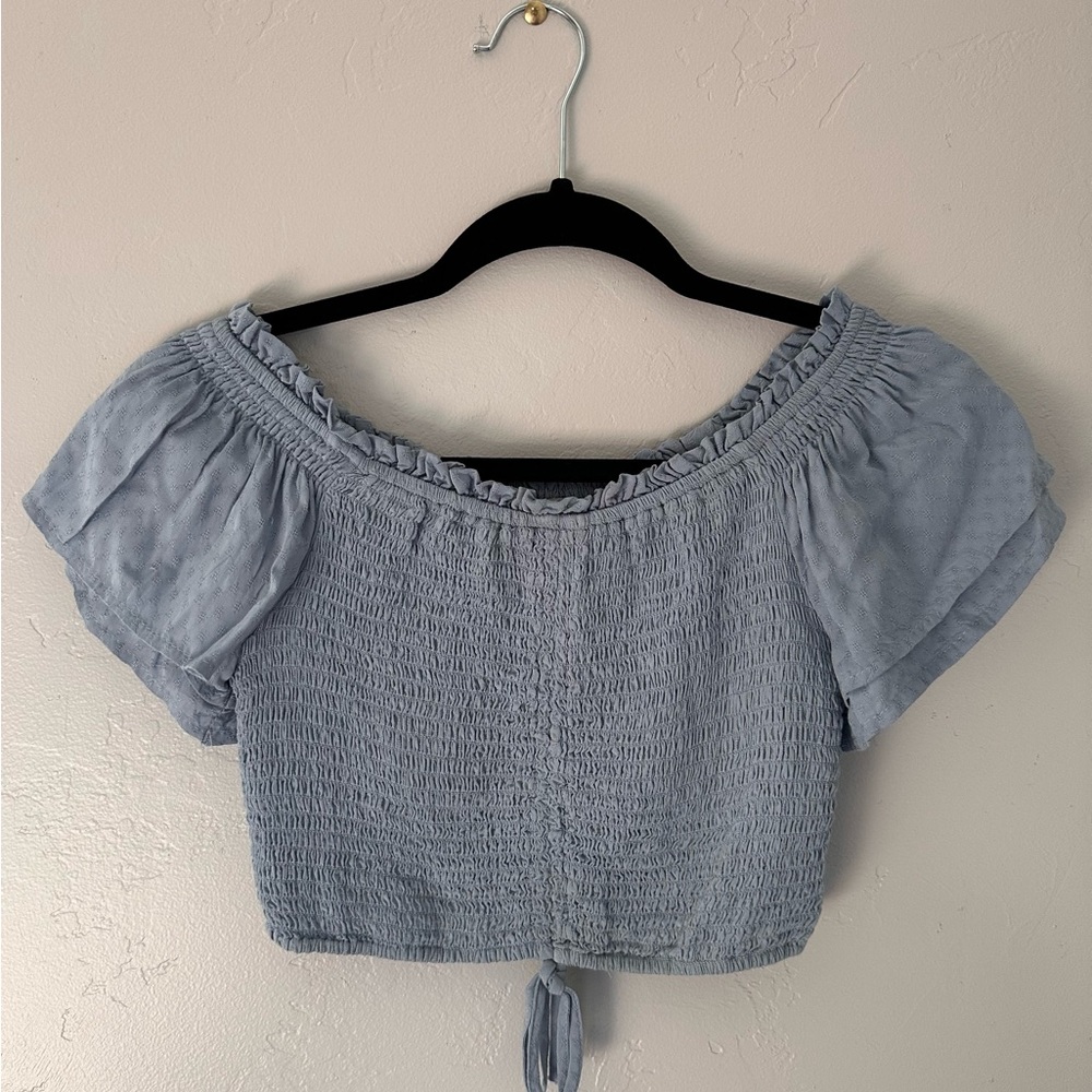 Light Blue Off-Shoulder Smocked Crop Top